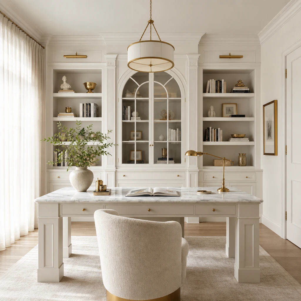 Elegant white home office with built-in shelves, a marble desk surface, curved ivory boucle chair, brass hardware, and a French-style hutch bathed in warm morning light.