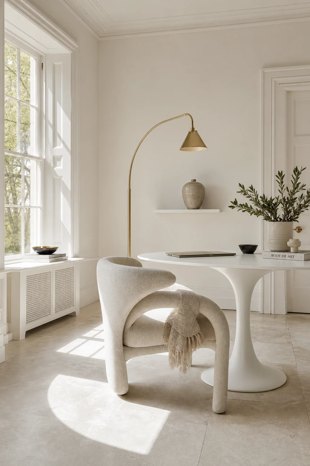 Elegant white home office with a curved chair silhouette as hero, warm natural light, tulip desk, linen upholstery, and Farrow & Ball Farrow's White walls