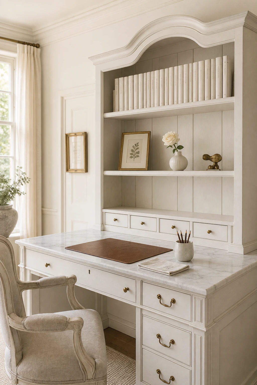 Elegant white home office with a French style hutch desk, shelves styled with books, art and botanicals, warm natural light, Farrow and Ball Blanc De Chine walls