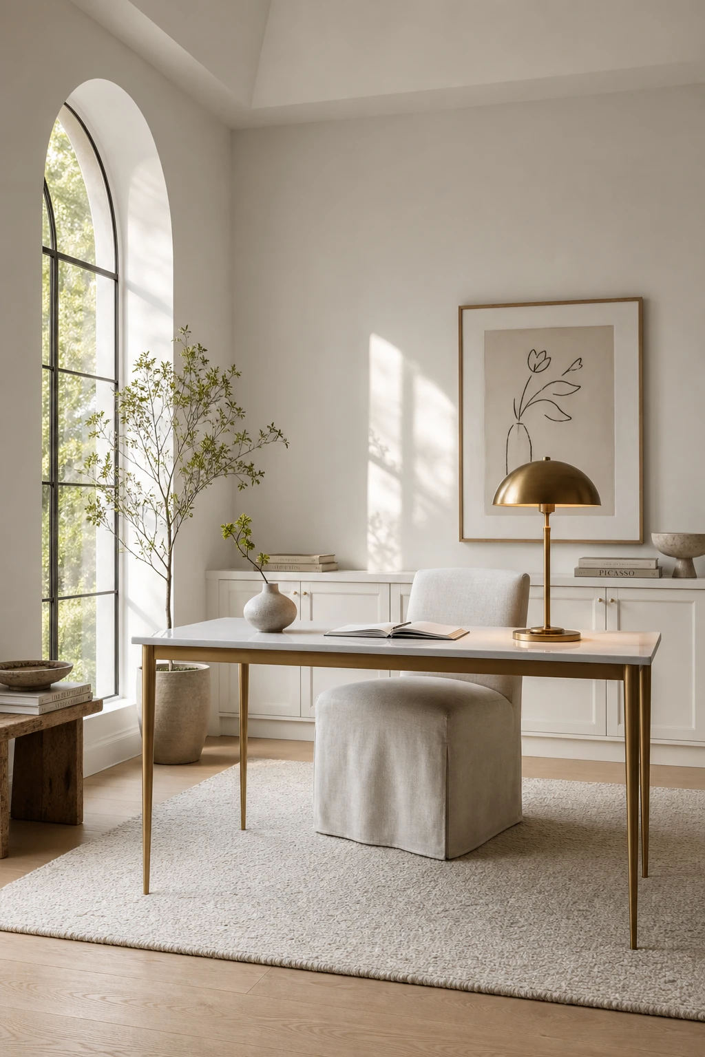 Elegant white home office with a gold legged desk as the hero, styled with warm white walls, a linen chair, and soft natural light from a tall window