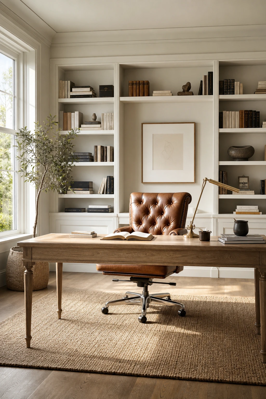 Elegant white home office with a leather office chair as the hero, warm white walls, built in shelving, and natural light from a tall window