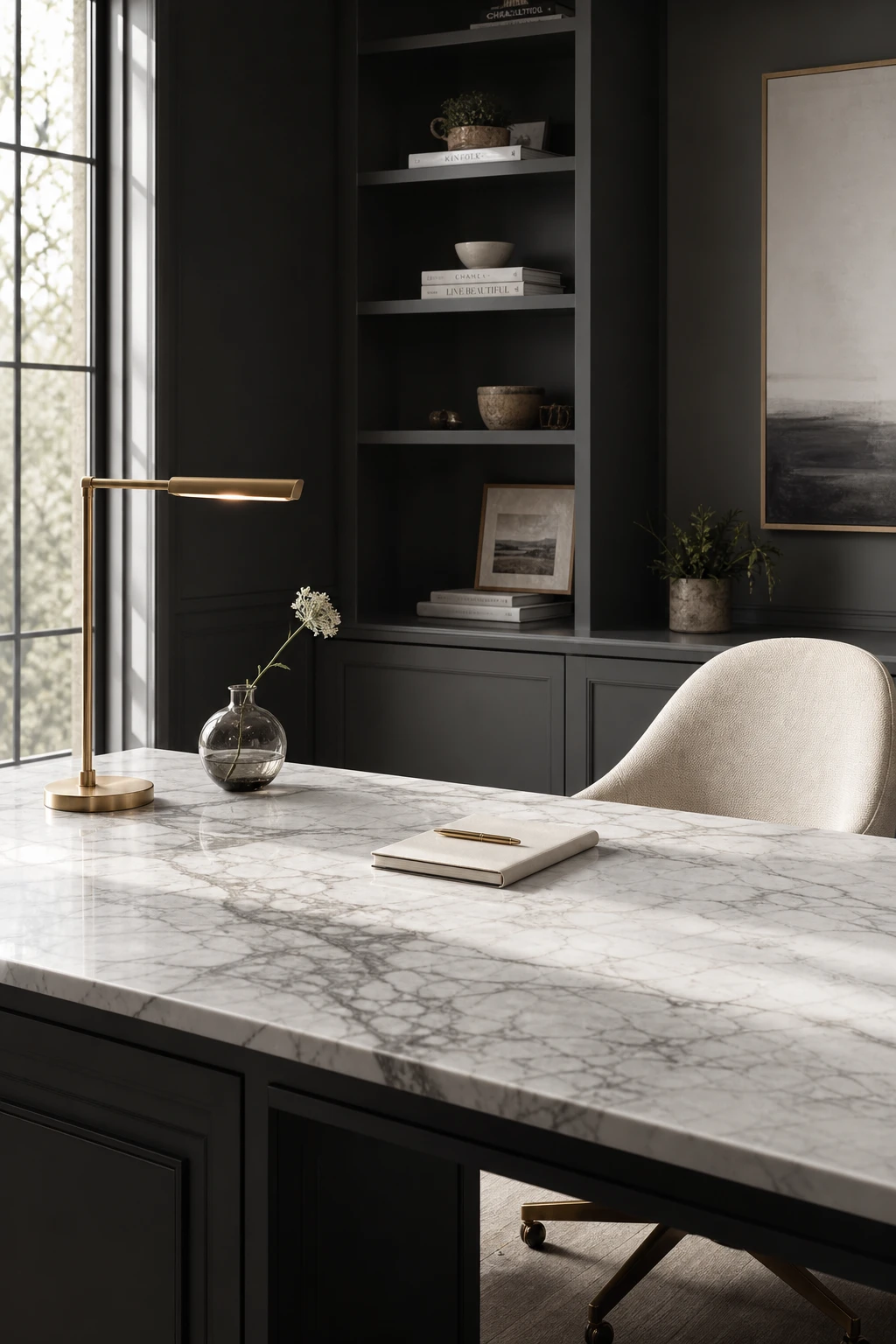 Elegant white home office with a marble topped desk as the hero surface, warm afternoon light, built in shelving and linen upholstered chair