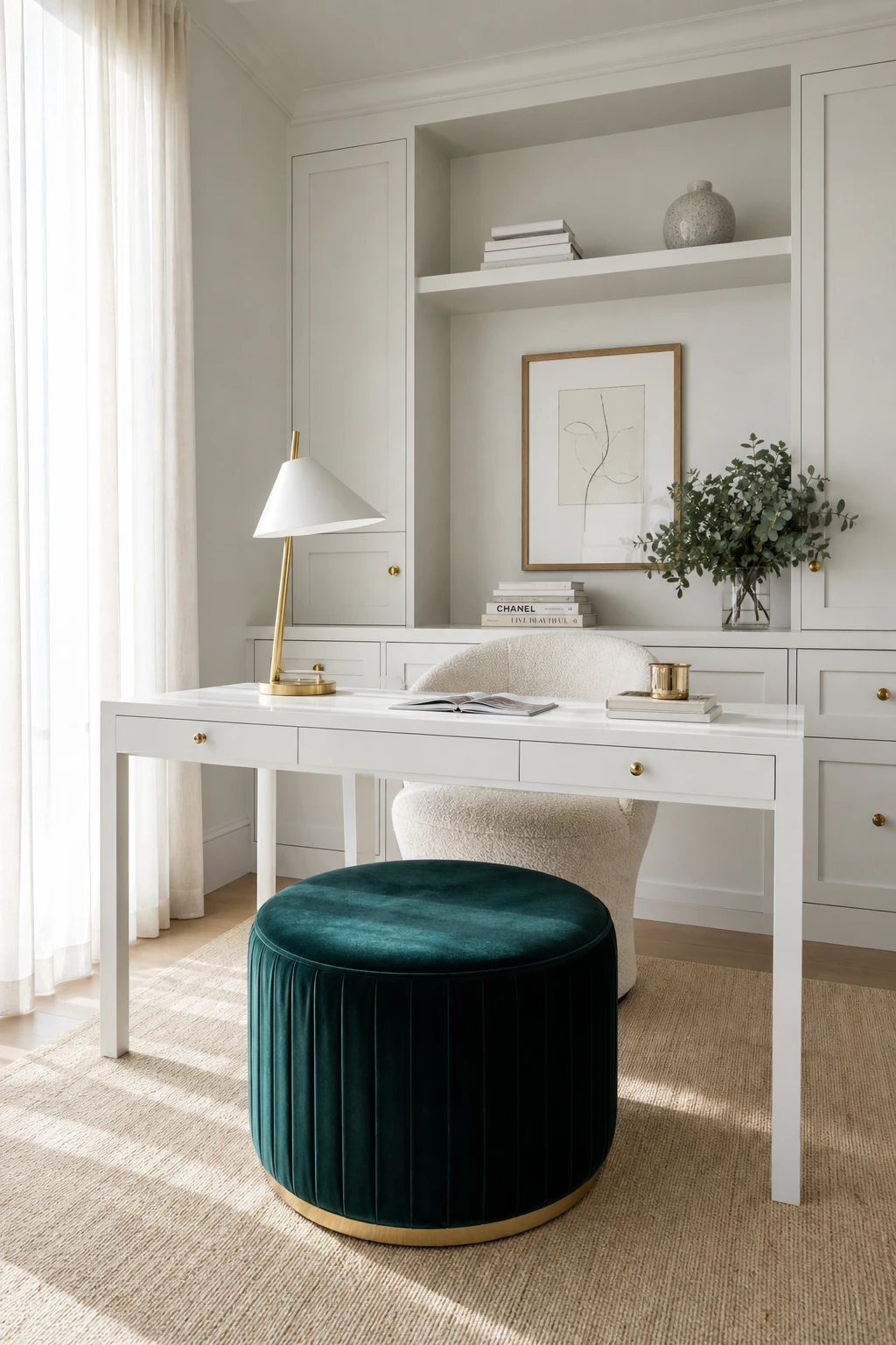 Elegant white home office with a velvet footstool as the focal point beneath a white desk, soft natural light, cool white walls painted in Farrow and Ball House White
