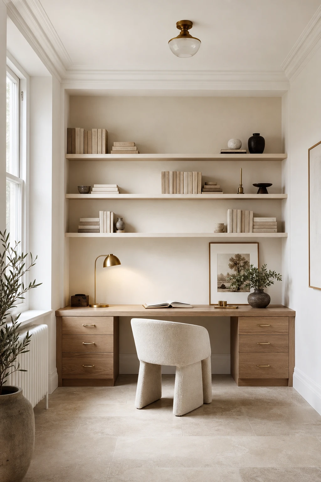 Elegant white home office with a warm feature wall painted in Farrow and Ball Off White behind a built in desk and open shelving