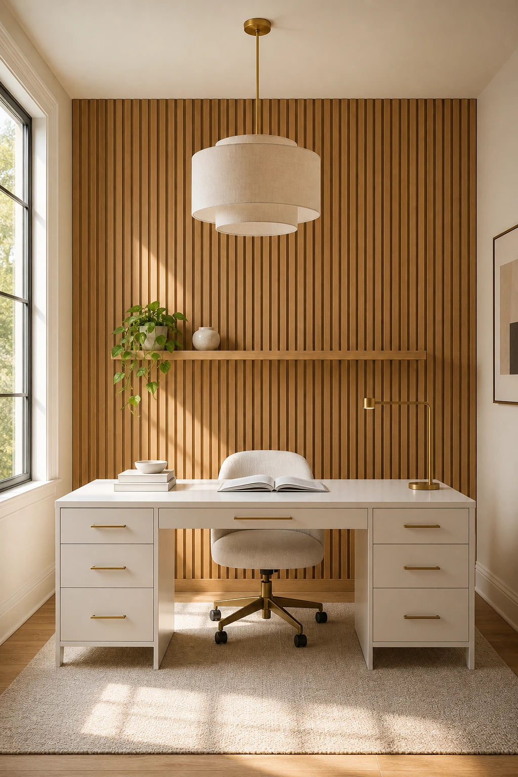 Elegant white home office with a wood slat feature wall behind a white desk, warm natural light, and Farrow and Ball New White paint on surrounding walls
