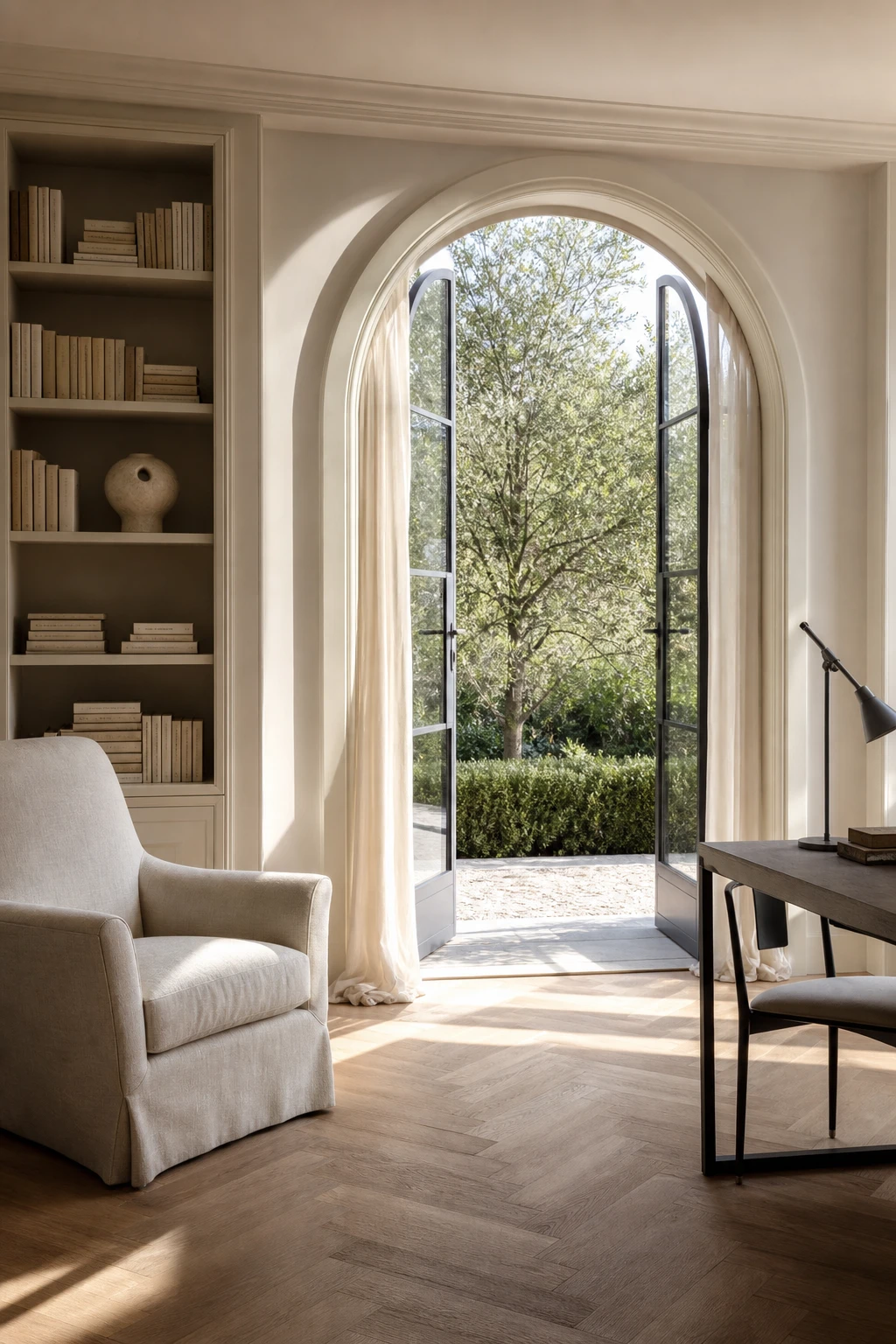 Elegant white home office with arched French doors as hero, warm natural light, built in shelving, linen drapes and herringbone oak floor