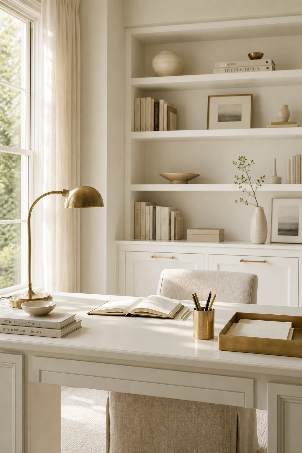 Elegant white home office with brass decor details including desk accessories, lamp and cabinet hardware against warm white walls in natural morning light