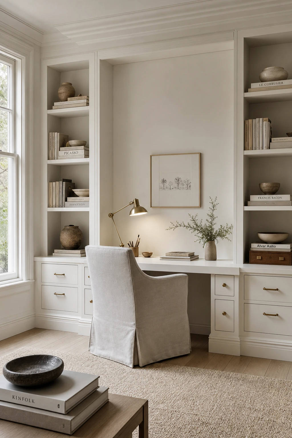 Elegant white home office with built in shelving painted Farrow and Ball Blanc De Treillage blending seamlessly into matching warm white walls