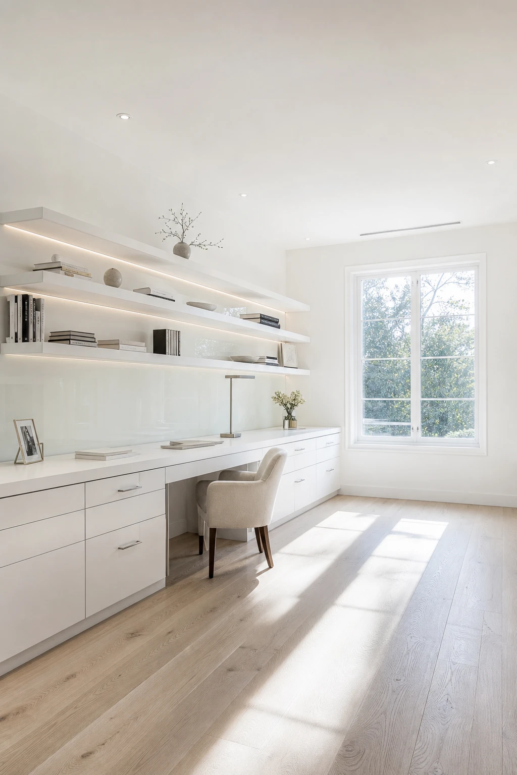 Elegant white home office with clean modern lines, built in desk, slim shelving, and Farrow & Ball All White walls in cool natural light