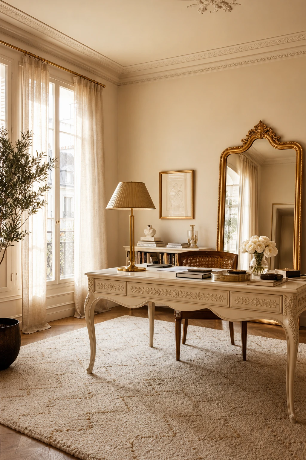 Elegant white home office with cream and gold warmth, Farrow and Ball Au Lait walls, gilded desk lamp, warm natural light through linen drapes