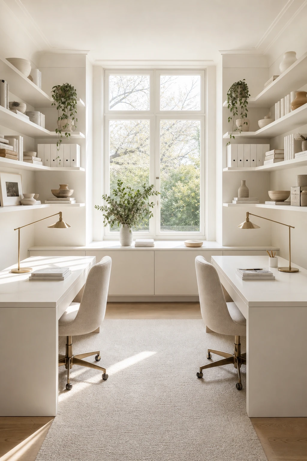 Elegant white home office with double desk setup facing a large window, warm white walls, paired task lamps and shared open shelving above