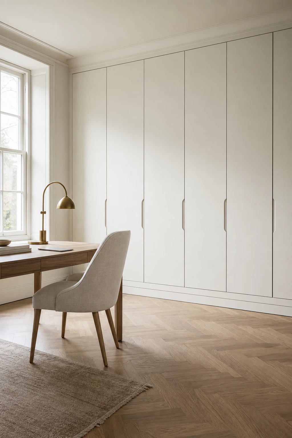 Elegant white home office with floor to ceiling closed storage cabinets in Farrow and Ball Cabbage White keeping the room serene and clutter free