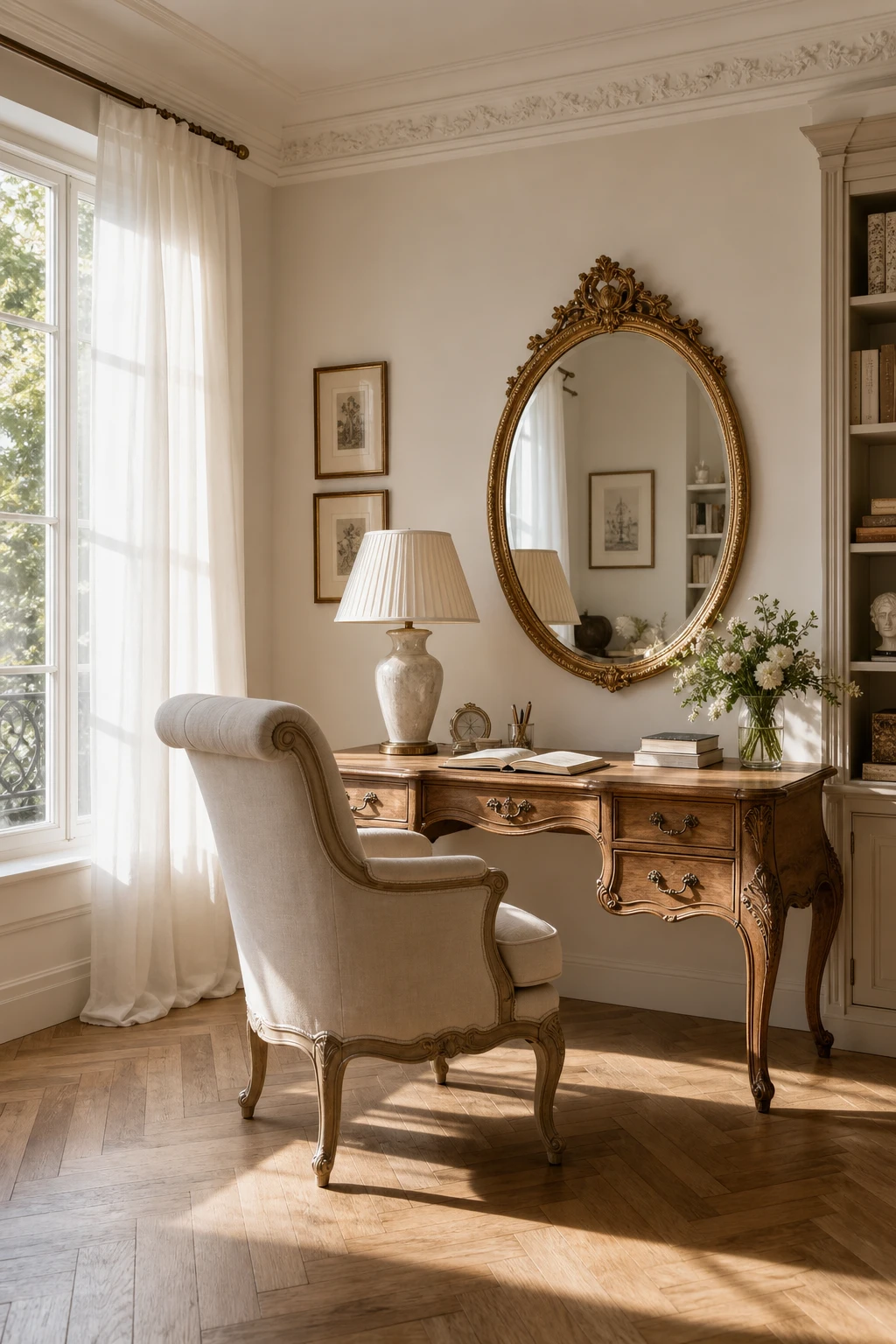 Elegant white home office with French Provincial charm, curved furniture legs, linen upholstery, ornate mirror, and Farrow & Ball Clunch painted walls in warm natural light