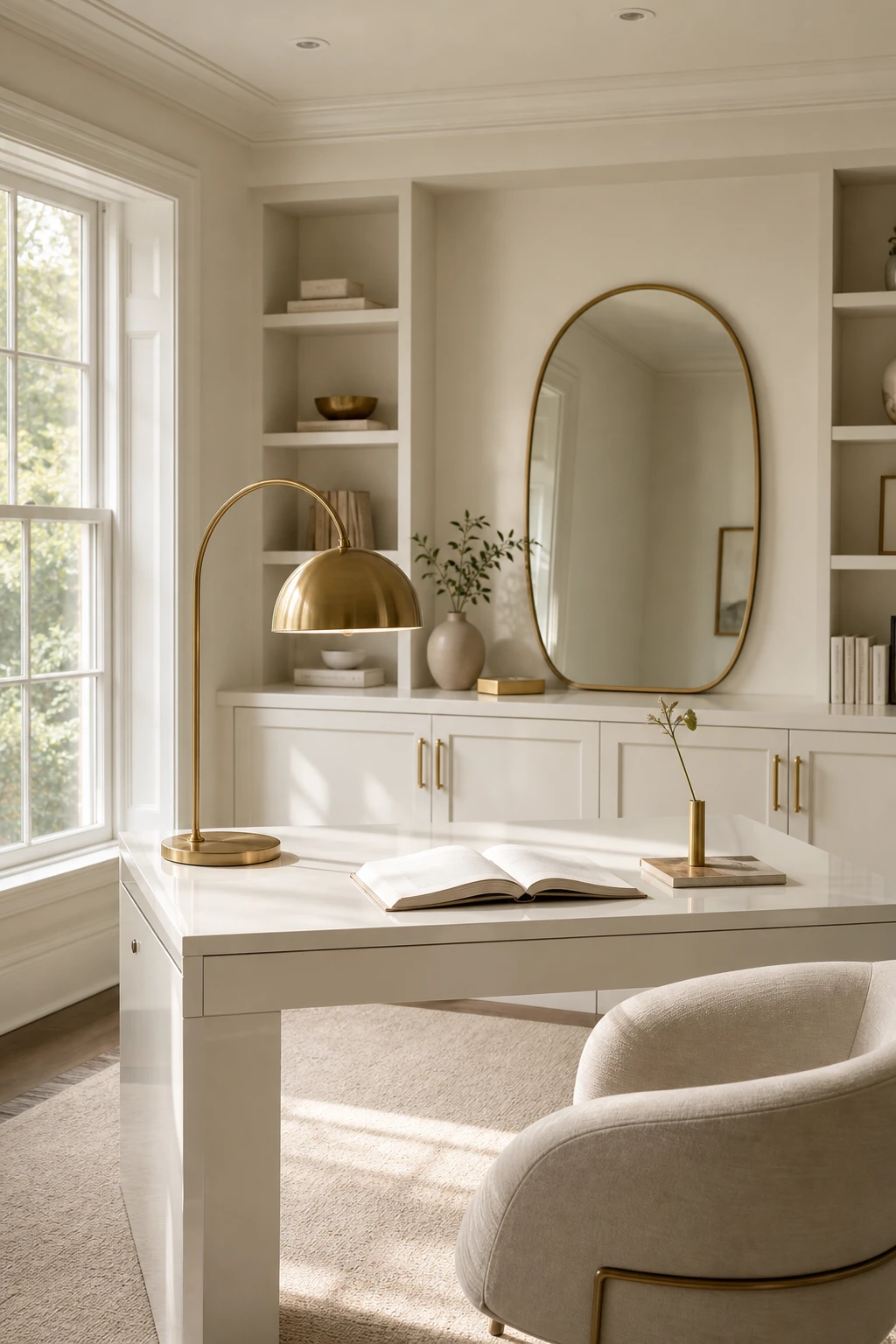 Elegant white home office with gold accents including brass desk lamp, gilded mirror frame, and gold cabinet pulls against warm white walls