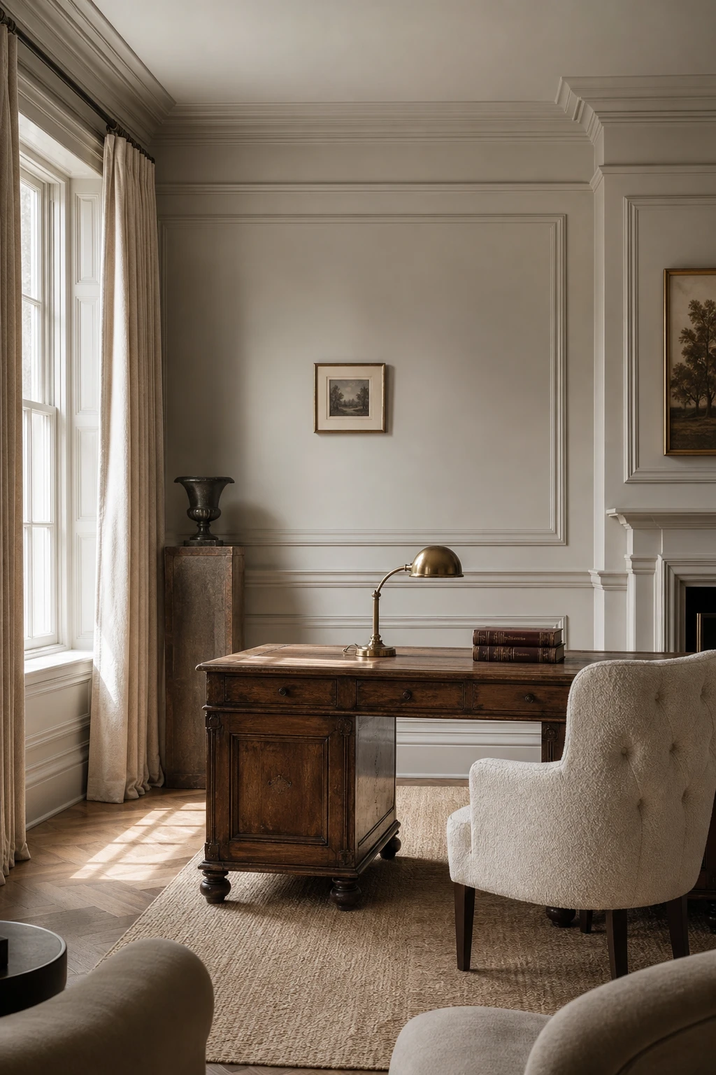 Elegant white home office with layered mouldings, rich wood desk, linen drapes, and warm white walls painted in Farrow & Ball Pointing