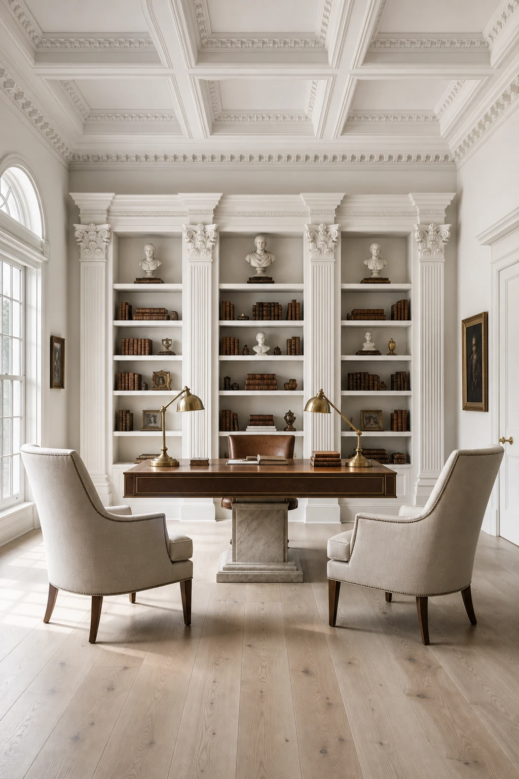 Elegant white home office with neoclassical symmetry, matching desk lamps flanking a centred bookcase, Farrow and Ball Strong White walls, coffered ceiling