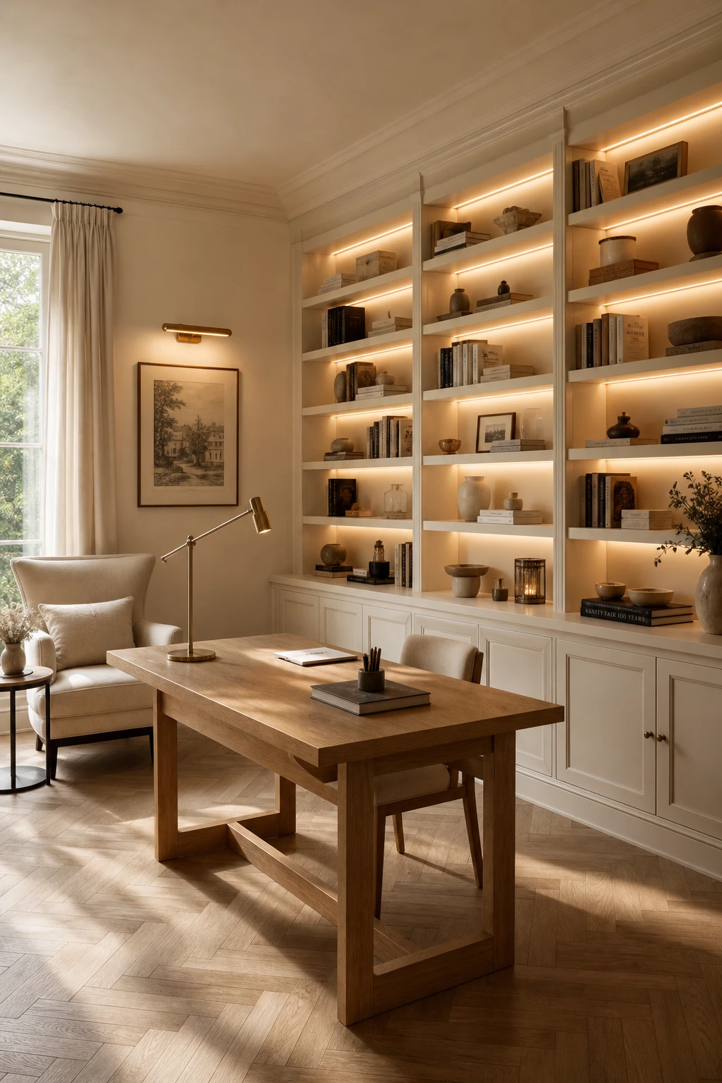 Elegant white home office with shelf lighting as the hero, warm glow illuminating curated objects on built in shelves painted in Farrow and Ball Orange Coloured White