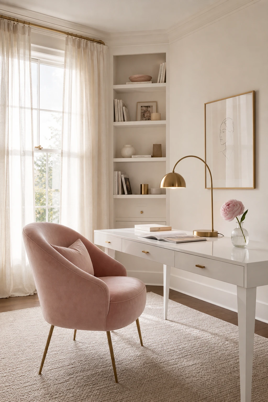 Elegant white home office with soft feminine touches including blush velvet chair, gold hardware, fluted glass vase and sheer linen curtains in warm natural light