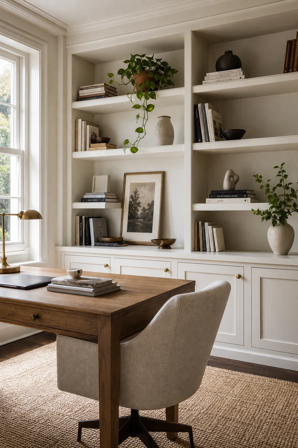 Elegant white home office with styled bookshelves as the hero, warm white walls, layered books, vases, plants and decorative objects in soft natural light