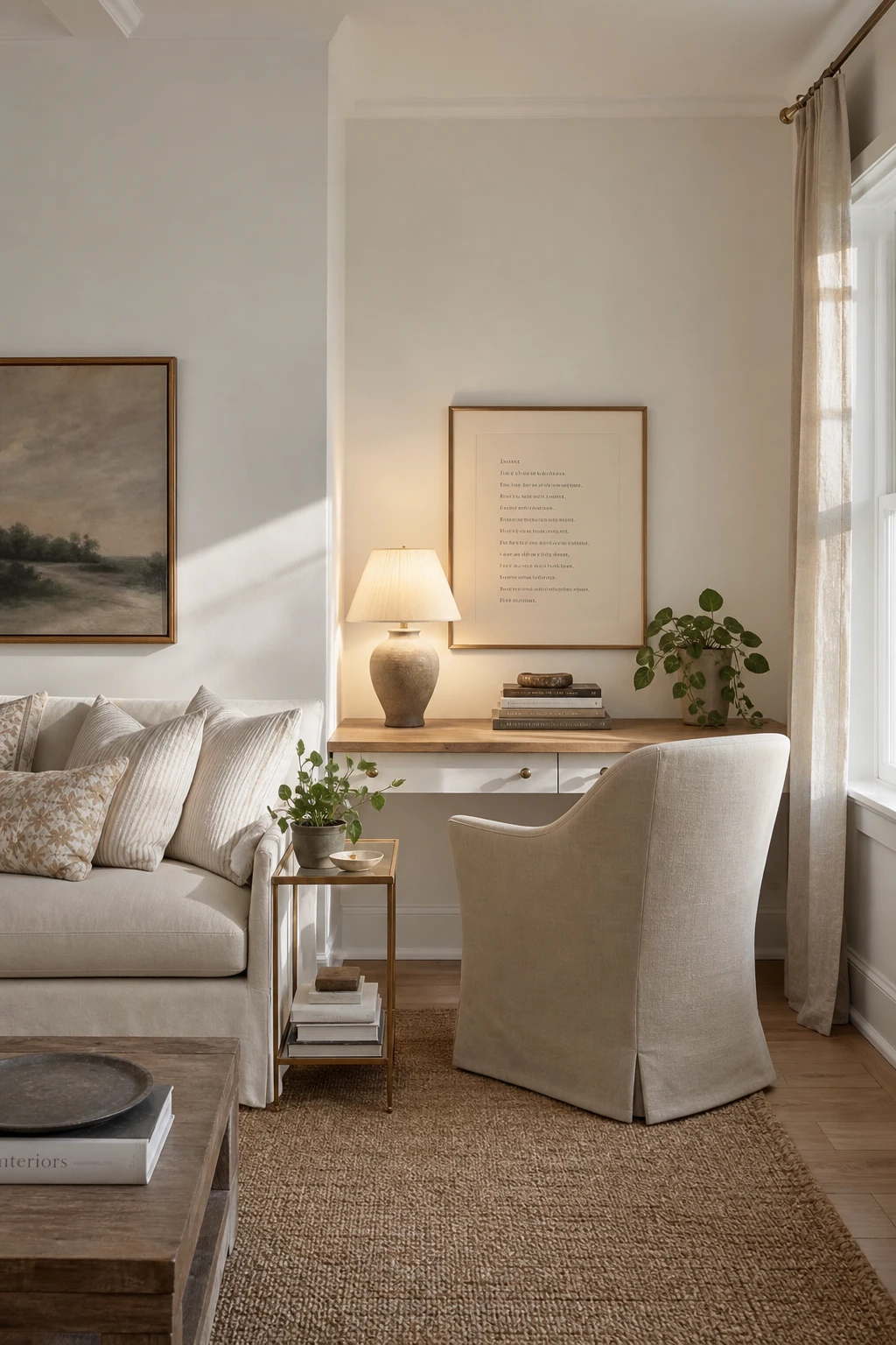 Elegant white living room study corner with a built in desk, Turret White walls, upholstered chair, and warm natural light from a nearby window