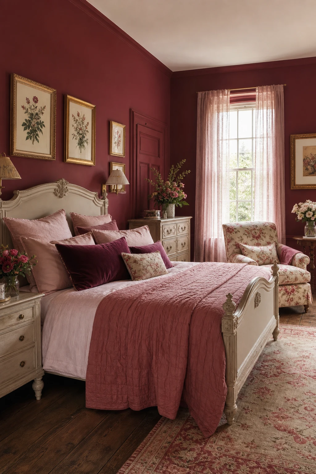 English country bedroom layered in blush to deep raspberry tones with Farrow and Ball Crimson Red painted walls and soft linen bedding