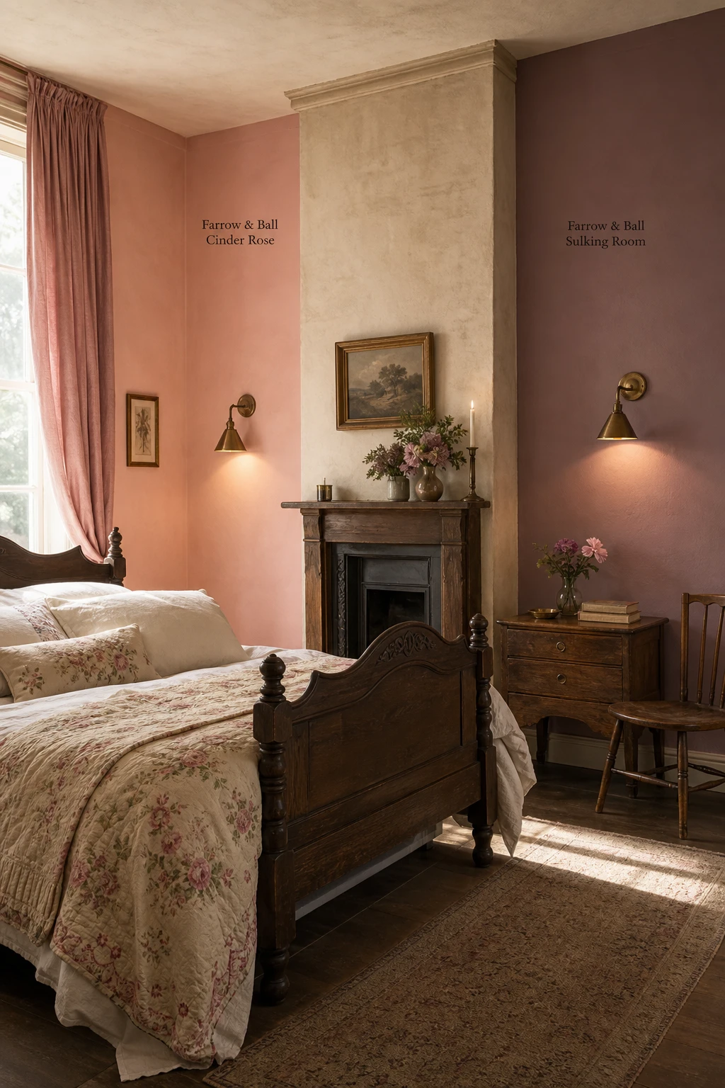 English country bedroom split mood board showing Farrow and Ball Cinder Rose on one wall and Sulking Room on the facing wall, soft natural morning light
