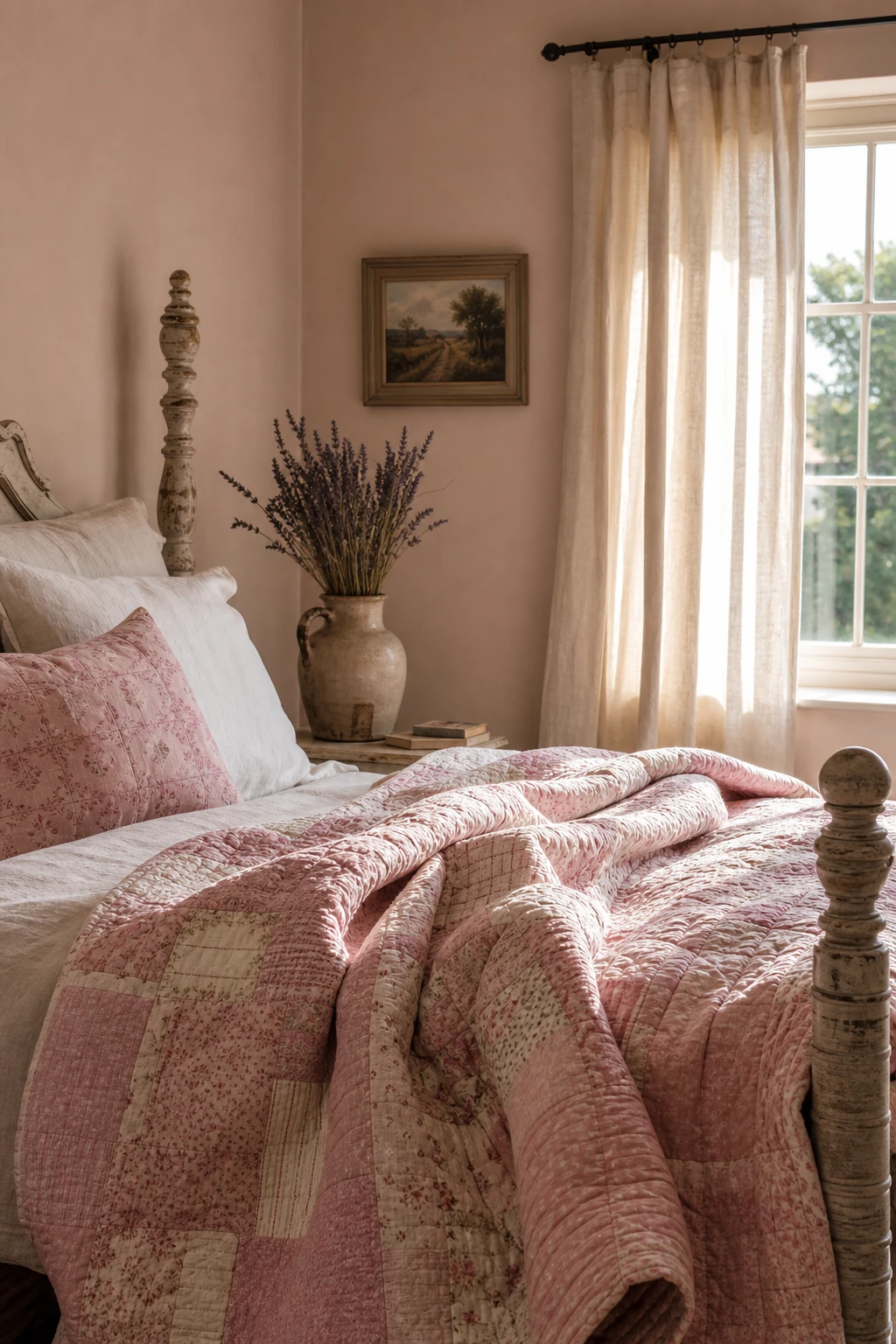 English country bedroom with a layered pink quilt as the hero, linen pillows, painted walls in Farrow and Ball Sugared Almond and warm morning light
