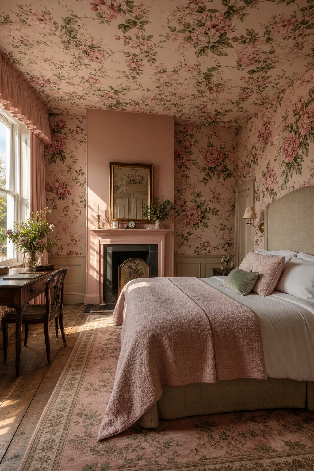 English country bedroom with all over floral wallpaper, a plain upholstered headboard, sash windows and warm afternoon light on Farrow and Ball Potted Shrimp painted walls