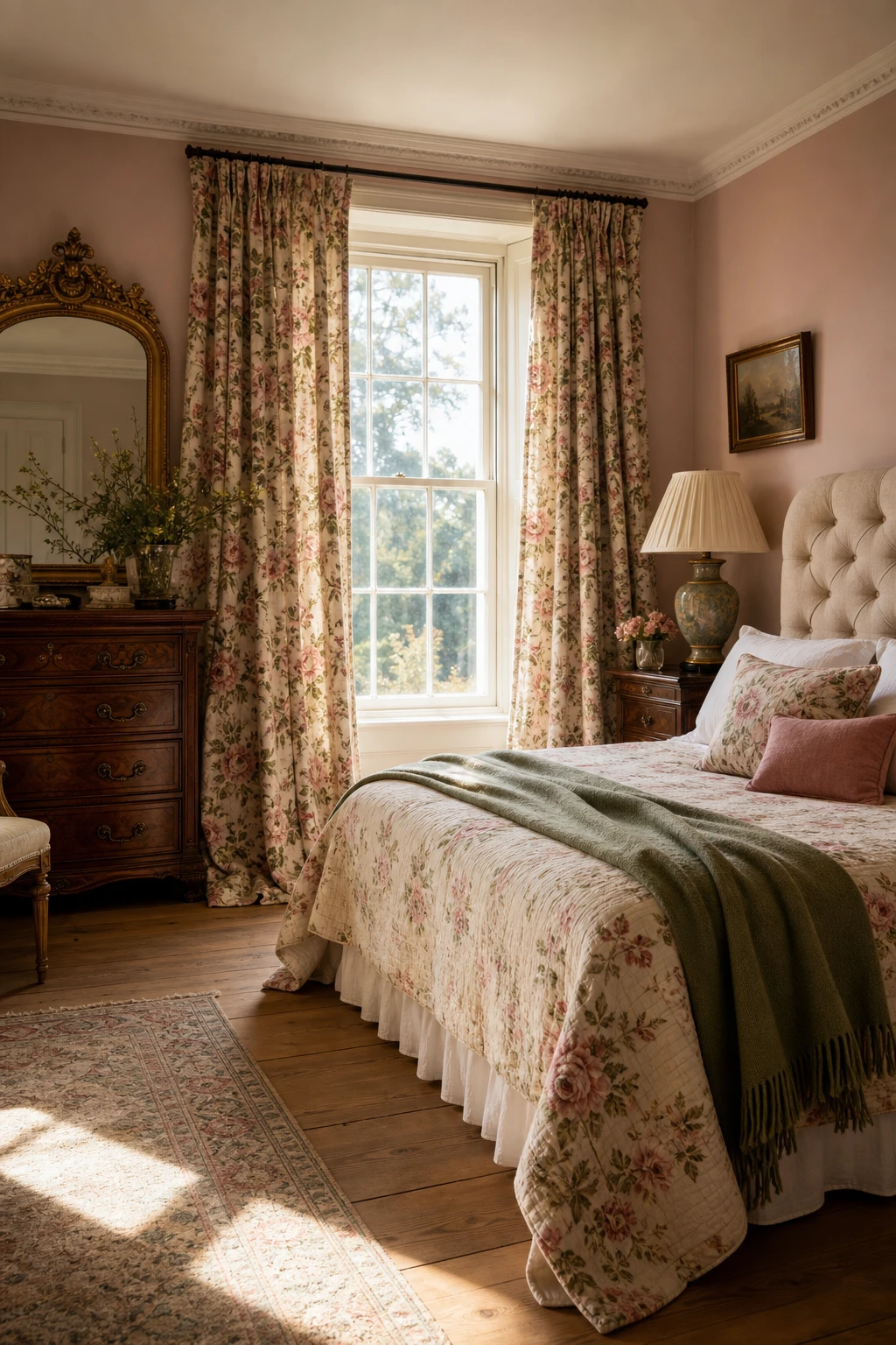 English country bedroom with chintz floral curtains, upholstered headboard, antique dresser, and Farrow & Ball Calamine painted walls in soft pink