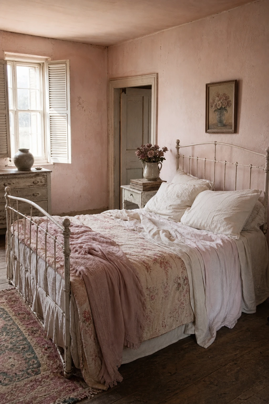 English country bedroom with faded romantic layers, chalky pink walls, antique linen bedding, distressed furniture and layered vintage textiles in soft natural light