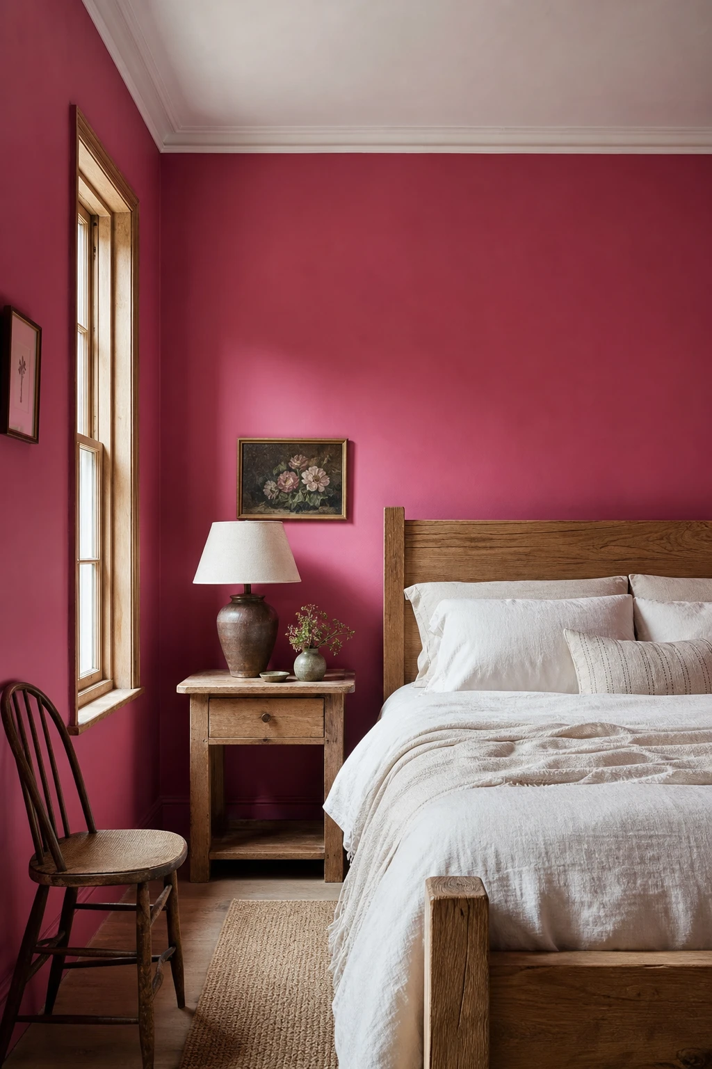 English country bedroom with Farrow and Ball Rangwali bold pink walls, natural wood furniture, white linen bedding and soft morning light