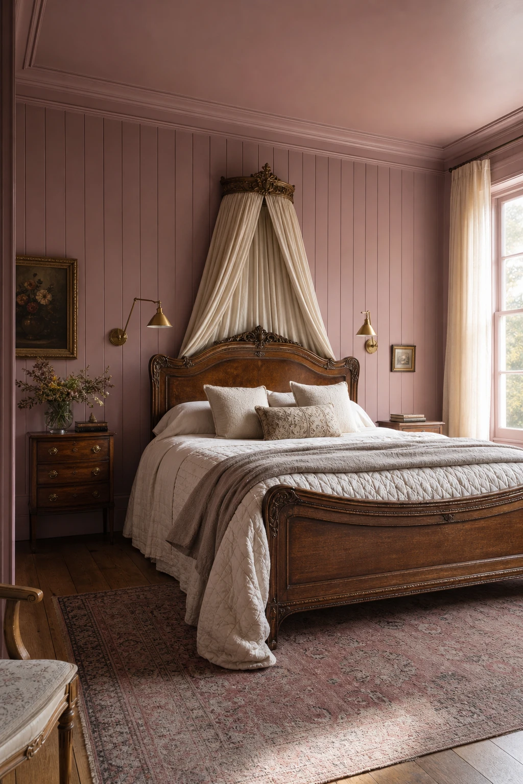 English country bedroom with Farrow & Ball Sulking Room Pink painted wall panelling, linen bedding, brass wall lights and antique wooden furniture