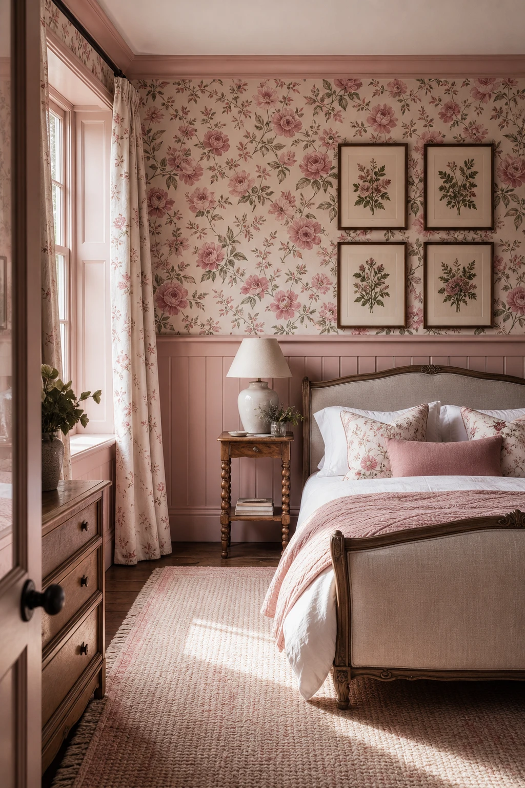 English country bedroom with painted lower panelling and floral wallpaper above the dado rail, layering two surfaces for a warm, composed interior