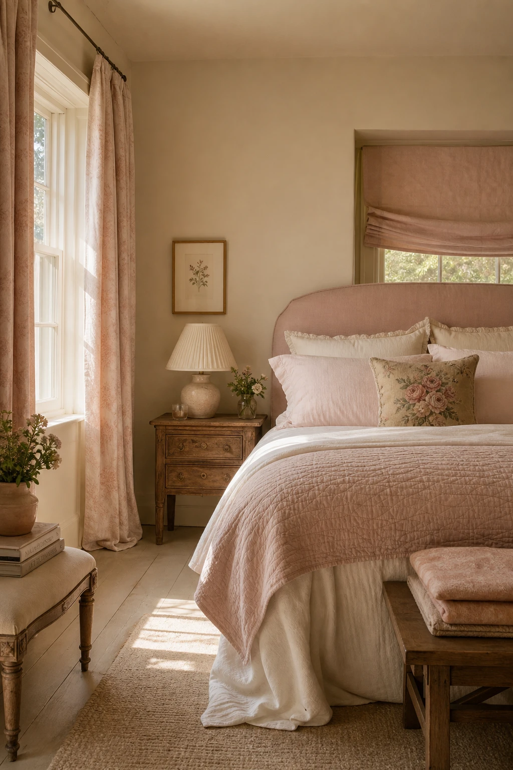 English country bedroom with pink and cream palette, Farrow and Ball Dimity walls, linen bedding, floral cushions, timber furniture and soft morning light