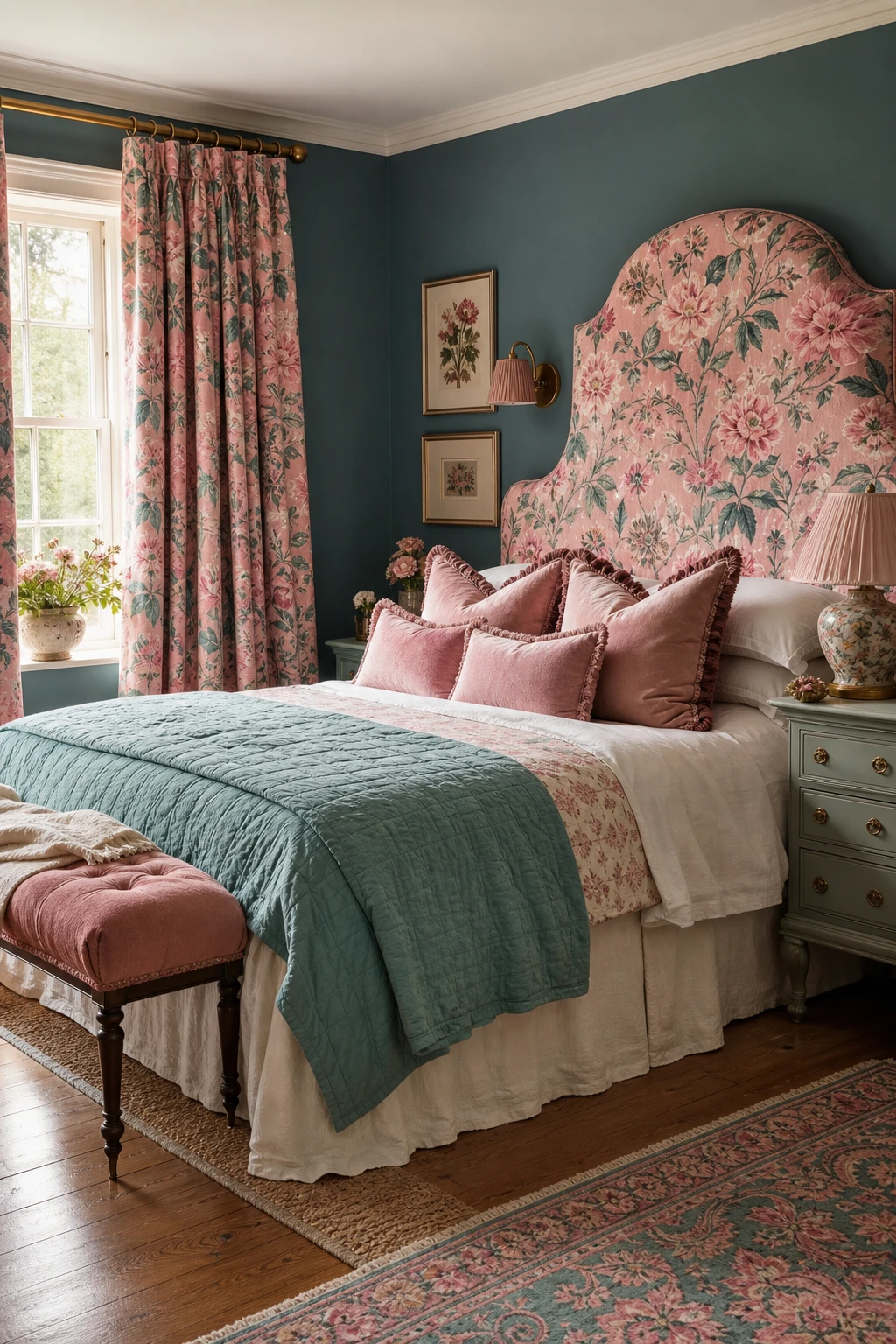 English country bedroom with pink and teal floral fabric on bed and curtains, Farrow and Ball Dix Blue walls, natural morning light