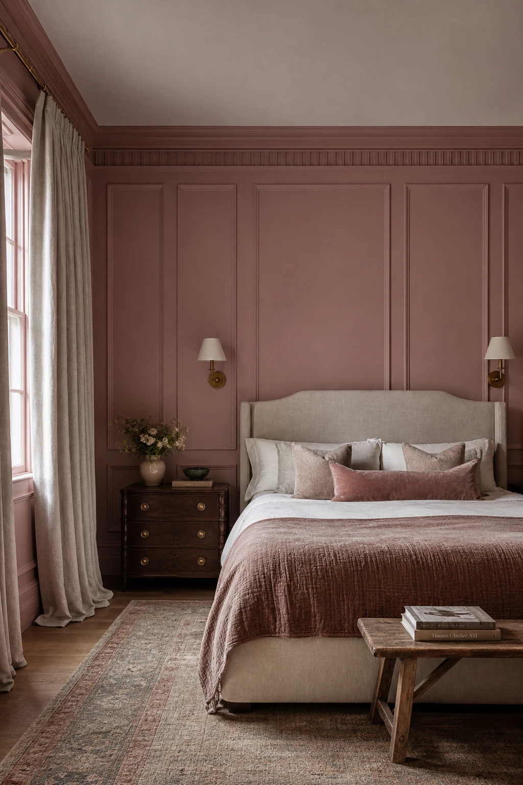 English country bedroom with pink painted wall panelling, linen curtains, brass wall lights and a upholstered bed against panelled walls in Farrow and Ball Sulking Room Pink