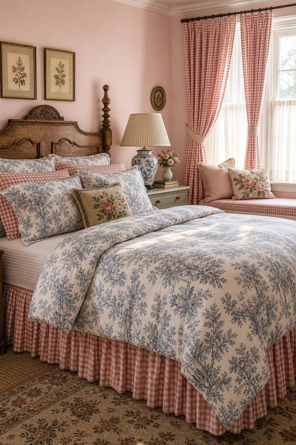 English country bedroom with toile and gingham textiles as hero, pink walls, linen bedding, sash windows and antique wooden furniture in soft natural light