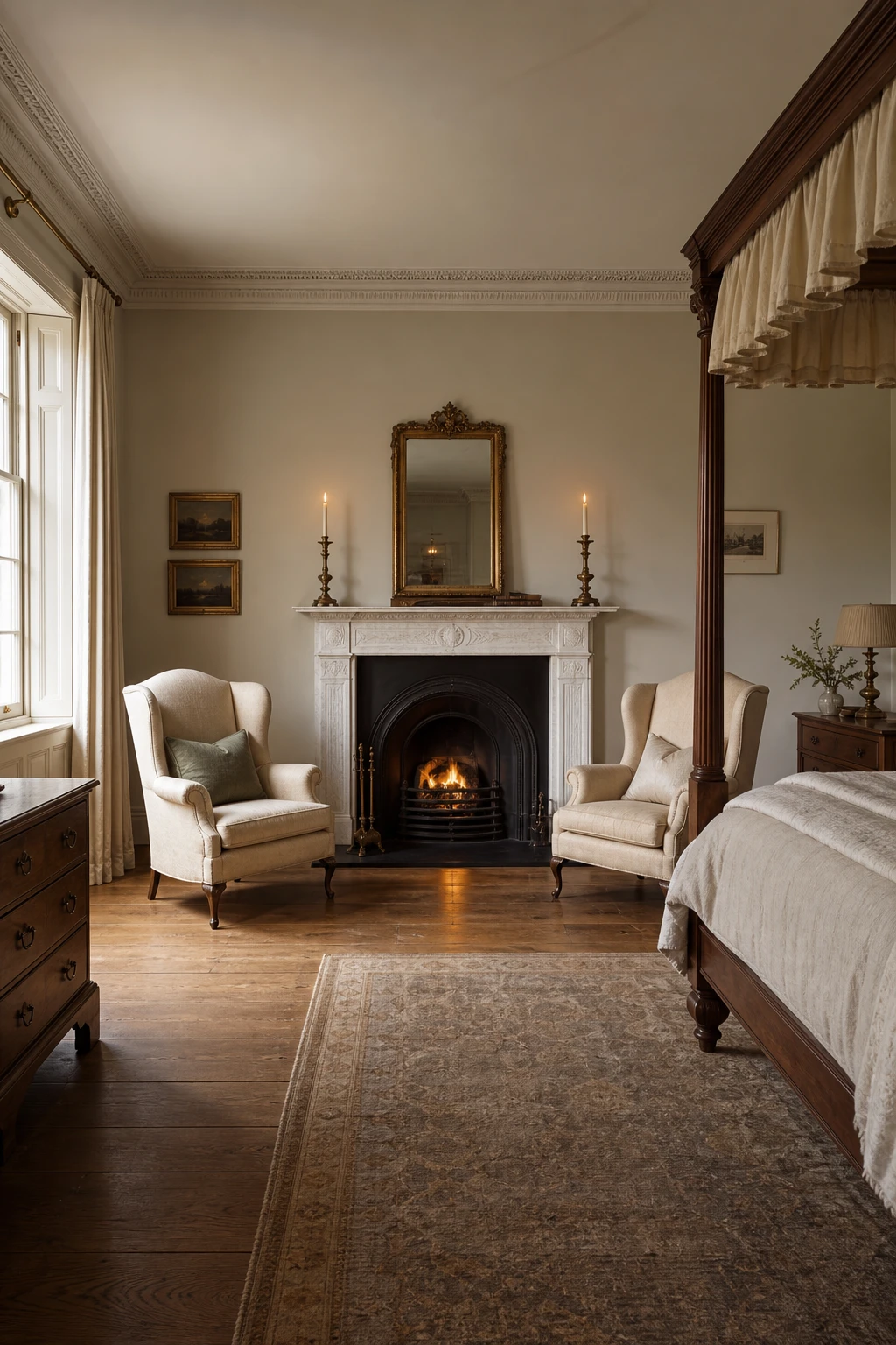 English country Georgian bedroom with a white marble fireplace as the focal point, soft cool white walls, linen bedding, and warm candlelight at dusk