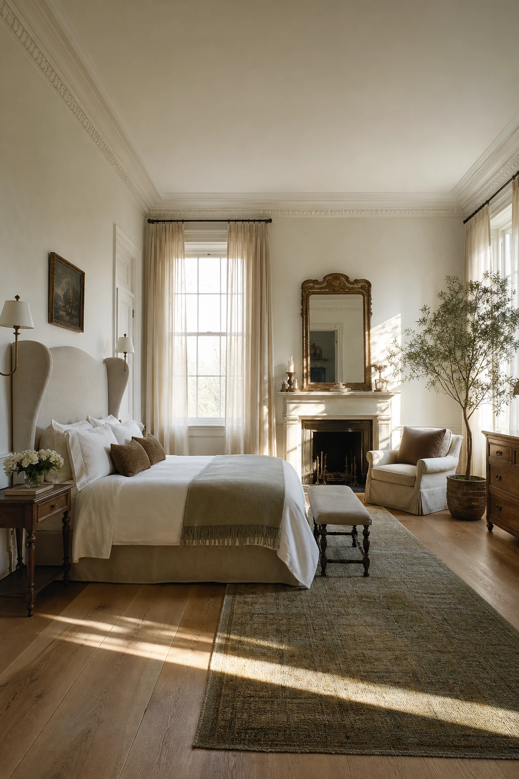English country Georgian bedroom with updated symmetry, tall sash windows, warm white walls, linen upholstered headboard and antique brass accents in soft morning light