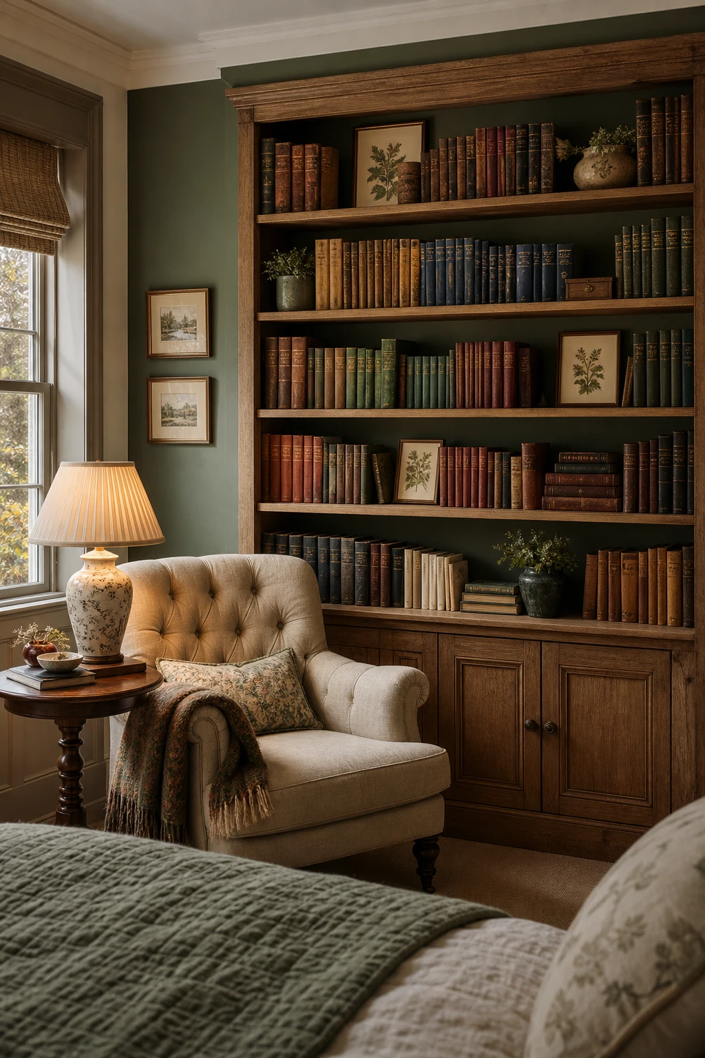 English country guest bedroom corner with a tall wooden bookshelf styled as a mini library, painted in deep green Treron, with curated books, a reading armchair and warm lamp light