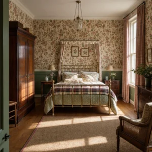 English country guest bedroom with trailing floral chintz wallpaper, a Victorian brass half tester bed layered with florals and a tartan throw, painted green panelling, and warm morning light through gingham curtains.