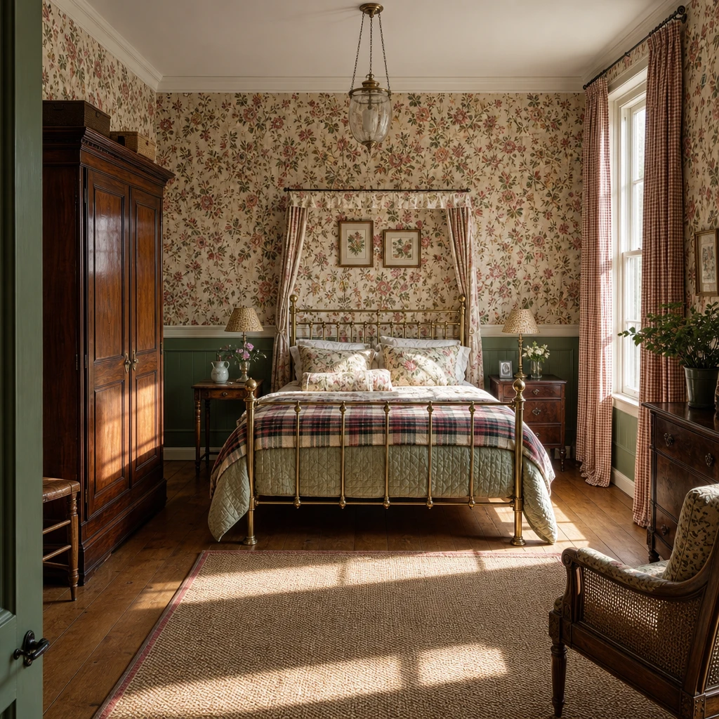 English country guest bedroom with trailing floral chintz wallpaper, a Victorian brass half tester bed layered with florals and a tartan throw, painted green panelling, and warm morning light through gingham curtains.