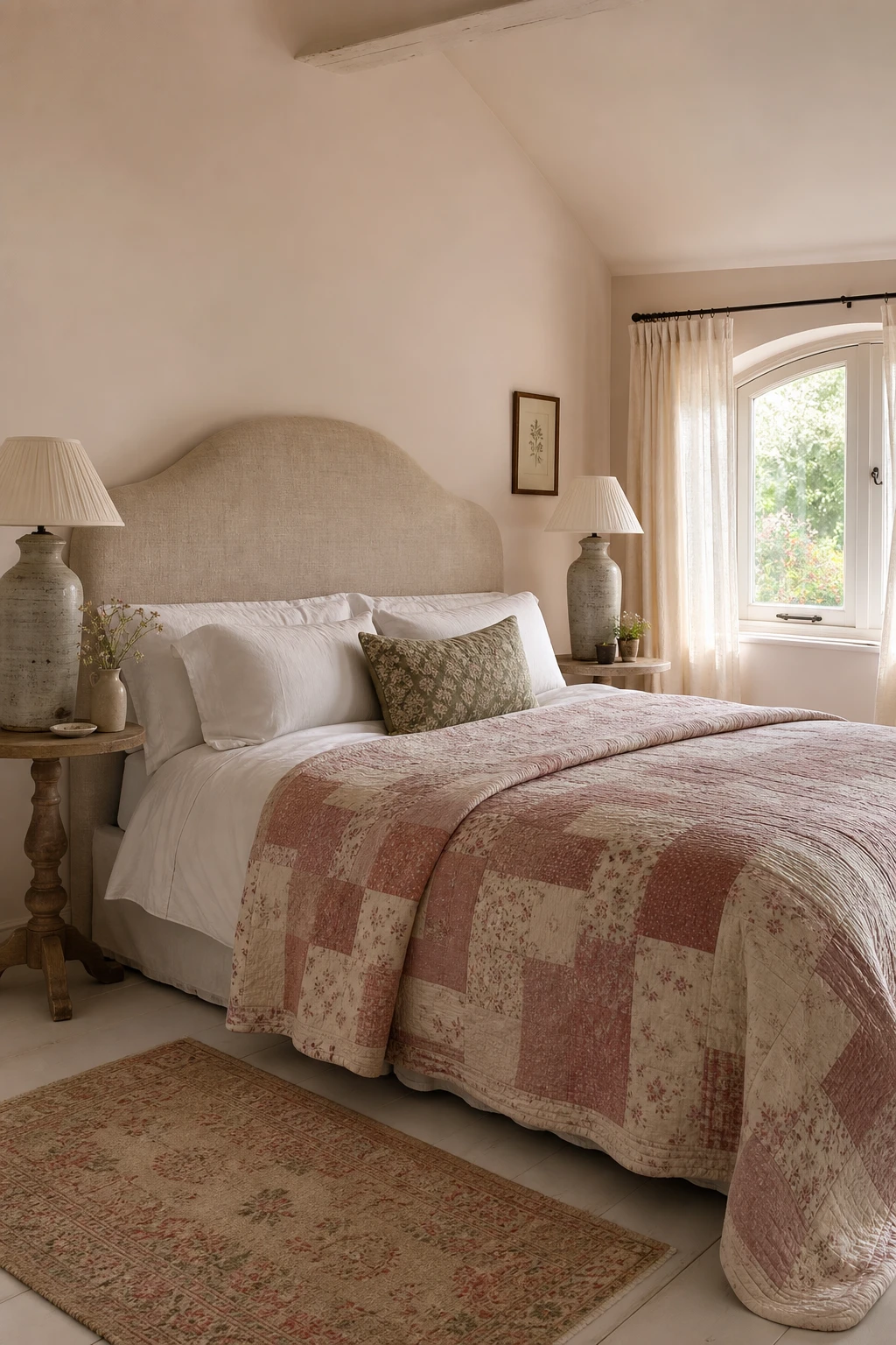 English country guest bedroom with a curved cottage headboard upholstered in soft linen, flanked by wall sconces, under a low ceiling painted Farrow and Ball Peignoir