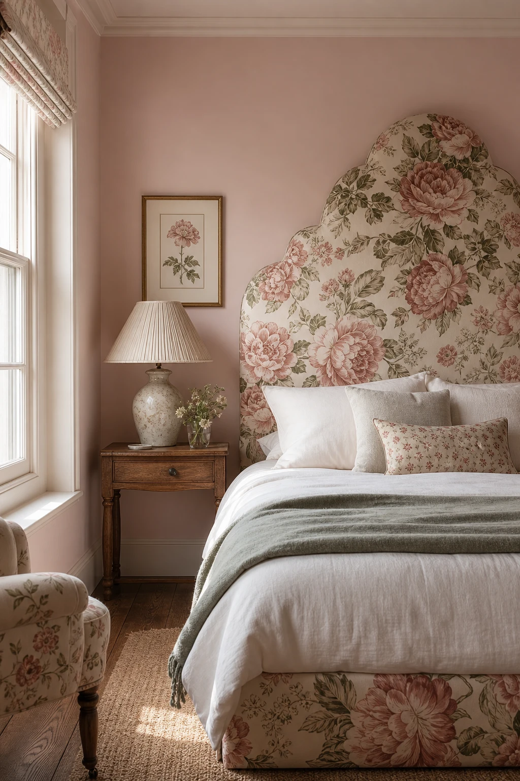 English country guest bedroom with a floral upholstered bed as centrepiece, dressed in layered linens, beside a sash window in soft morning light