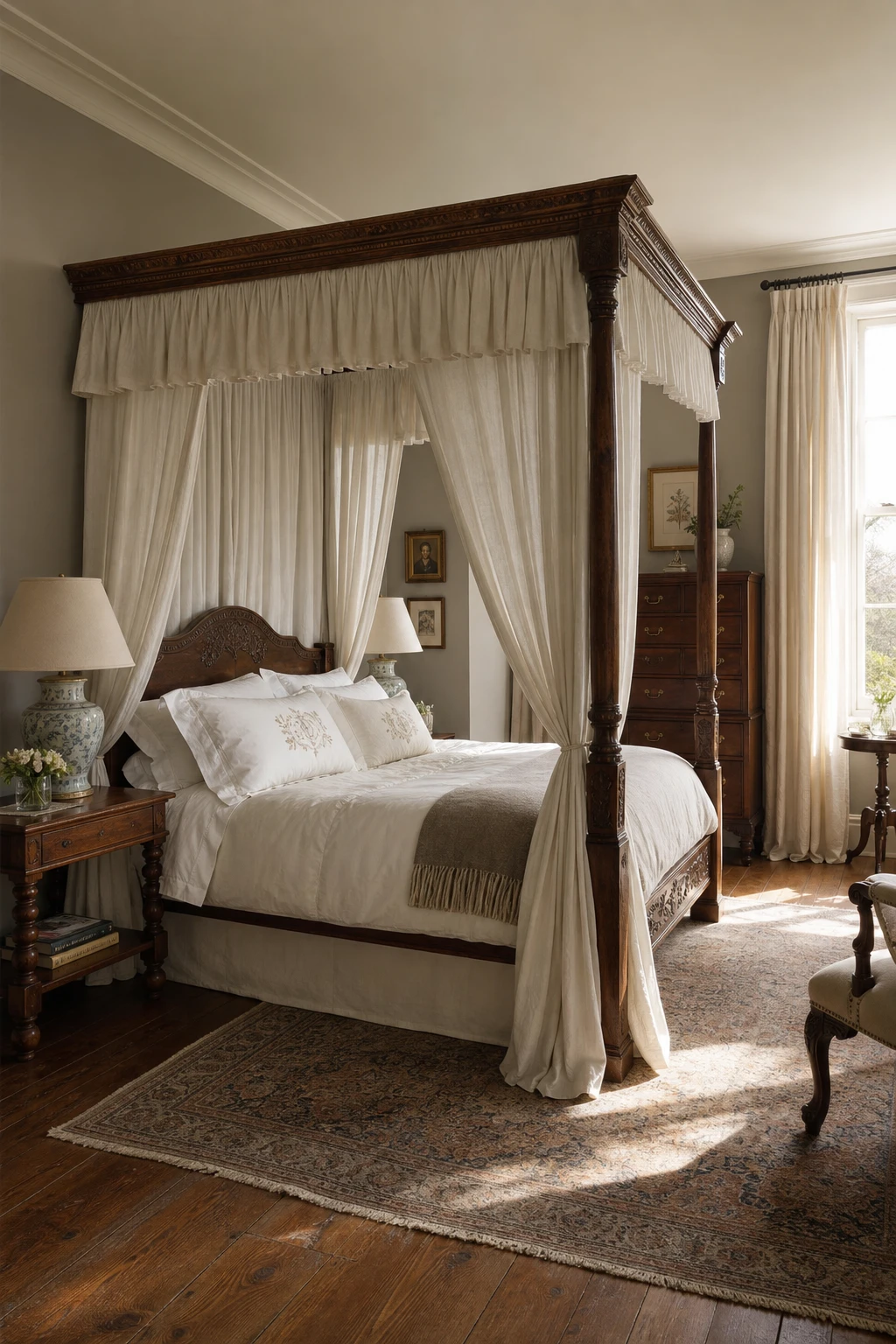 English country guest bedroom with a grand full tester bed draped in linen canopy fabric, warm neutral walls, antique rug, and tall sash windows with soft morning light