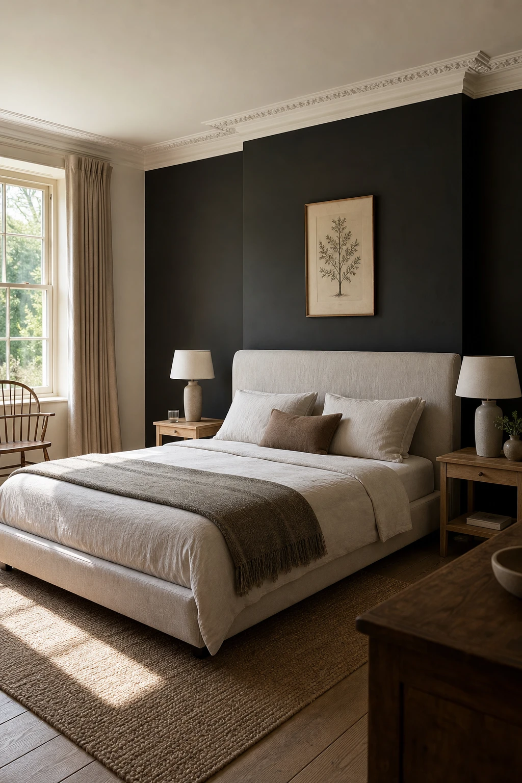 English Country Guest Bedroom with a modern country mix of clean lined furniture, soft textiles, and Farrow & Ball Blackened walls in cool white