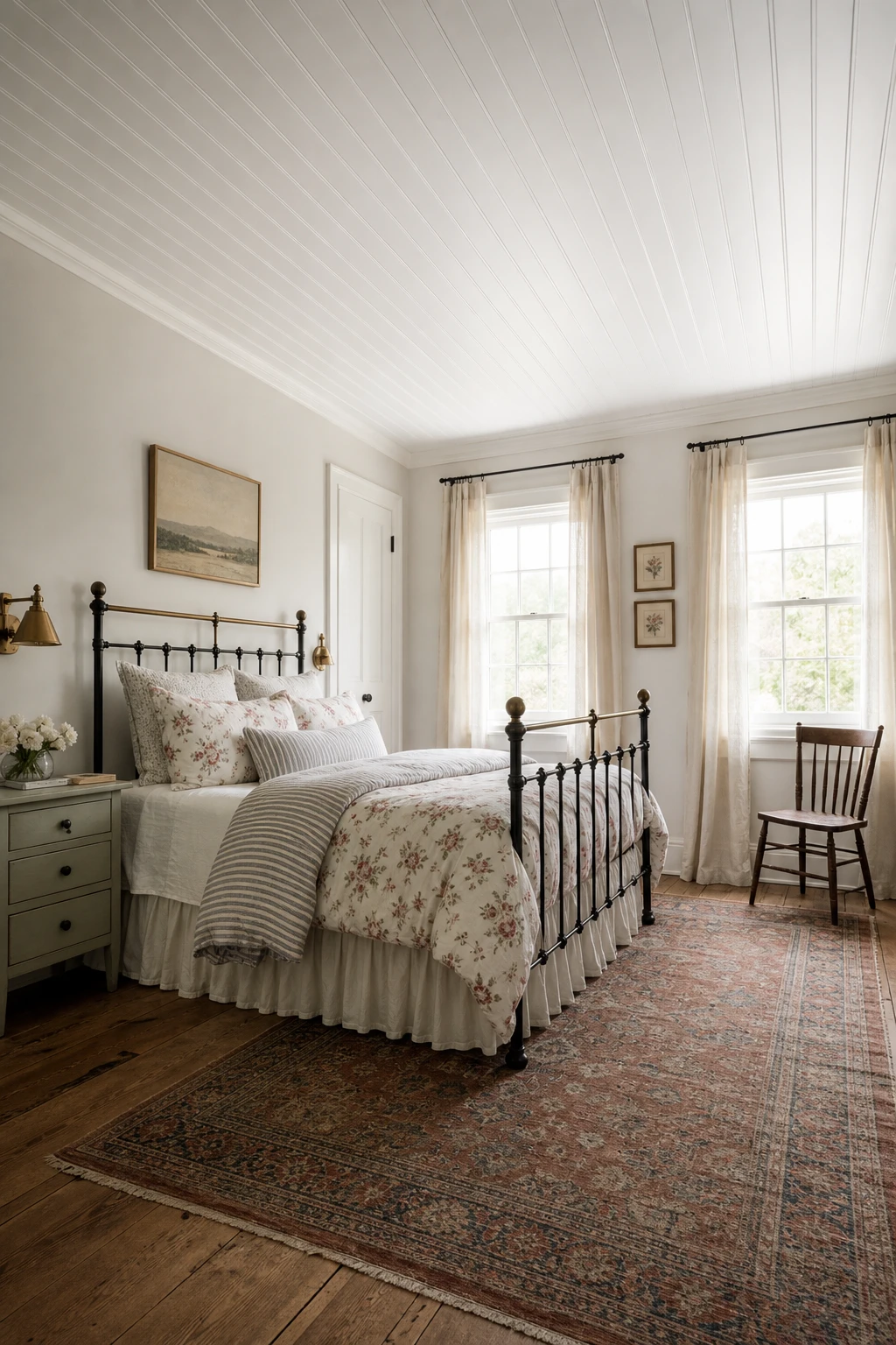 English country guest bedroom with a painted beadboard ceiling as the hero, floral bedding, sash windows, a brass wall light, and a vintage rug on wide plank floors