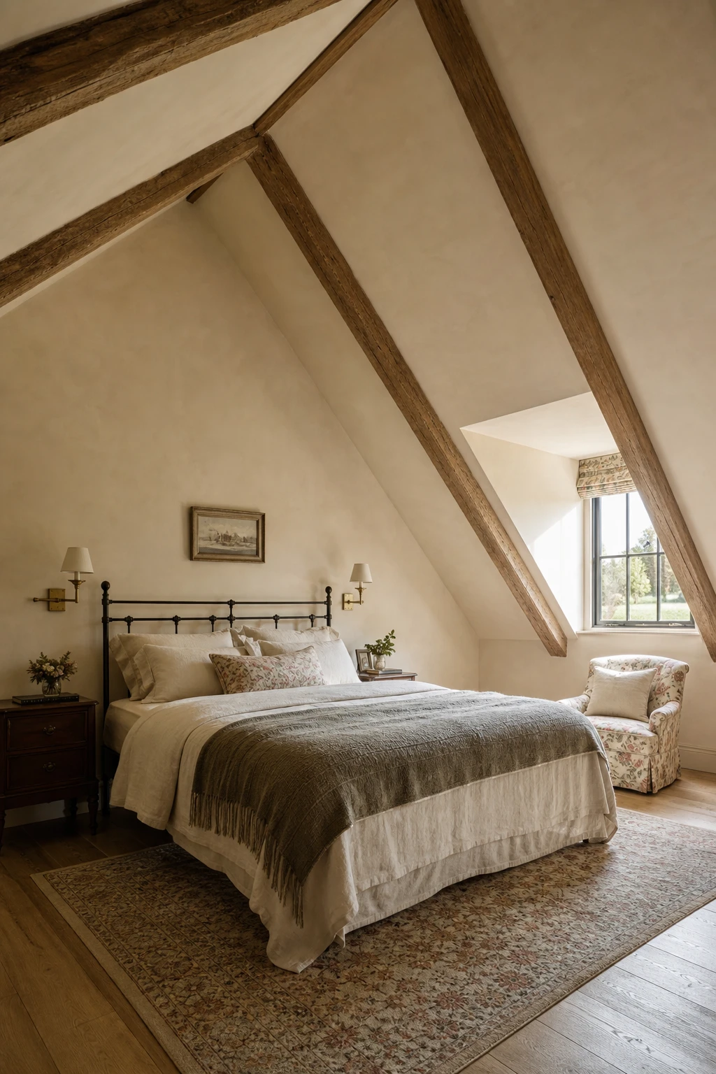English country guest bedroom with a vaulted ceiling painted Farrow & Ball Clunch, exposed timber beams, a linen dressed bed and soft morning light