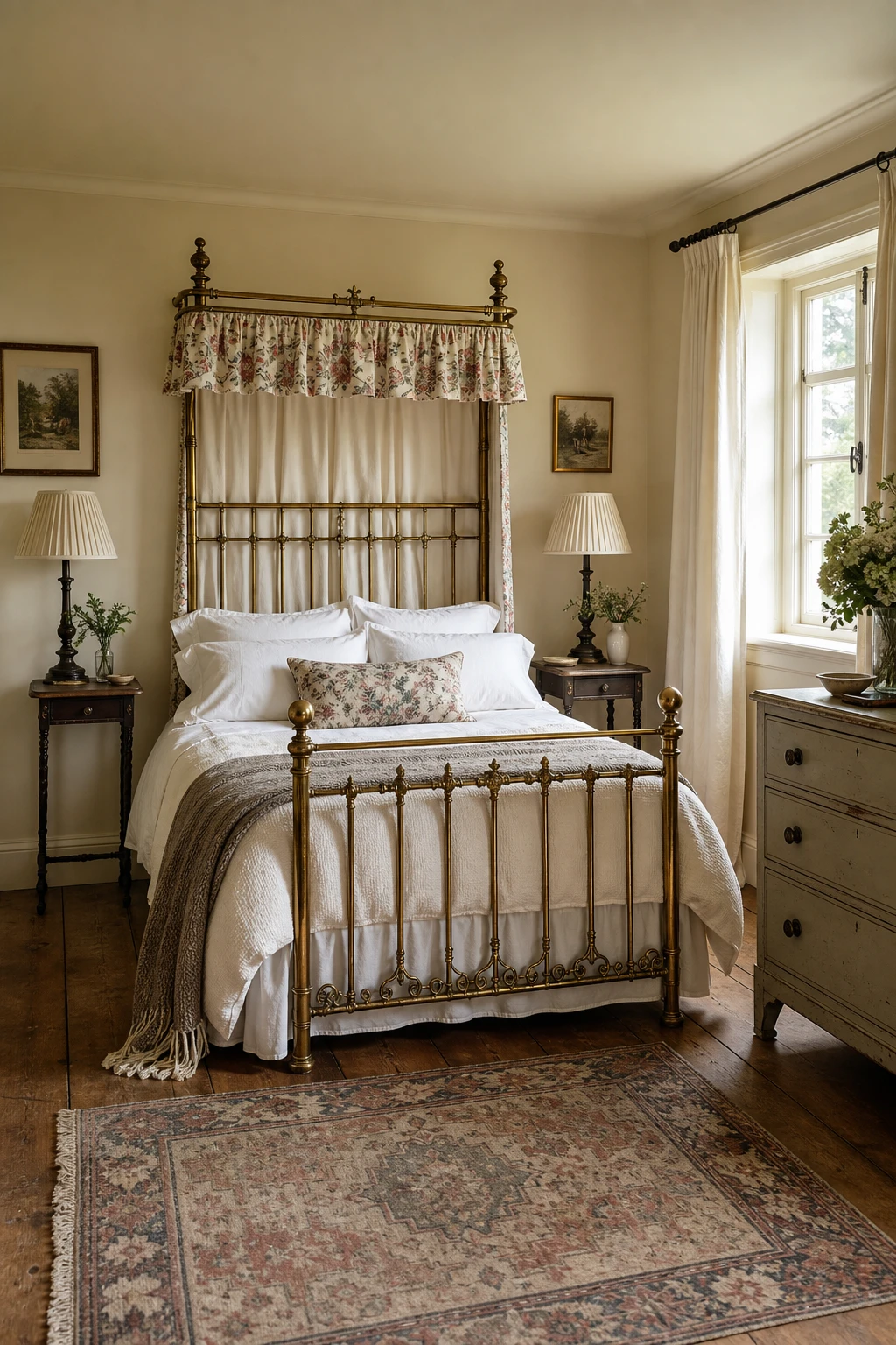 English country guest bedroom with a Victorian brass half tester bed as the hero, dressed in white linen and soft florals, walls in Farrow and Ball Pointing warm white