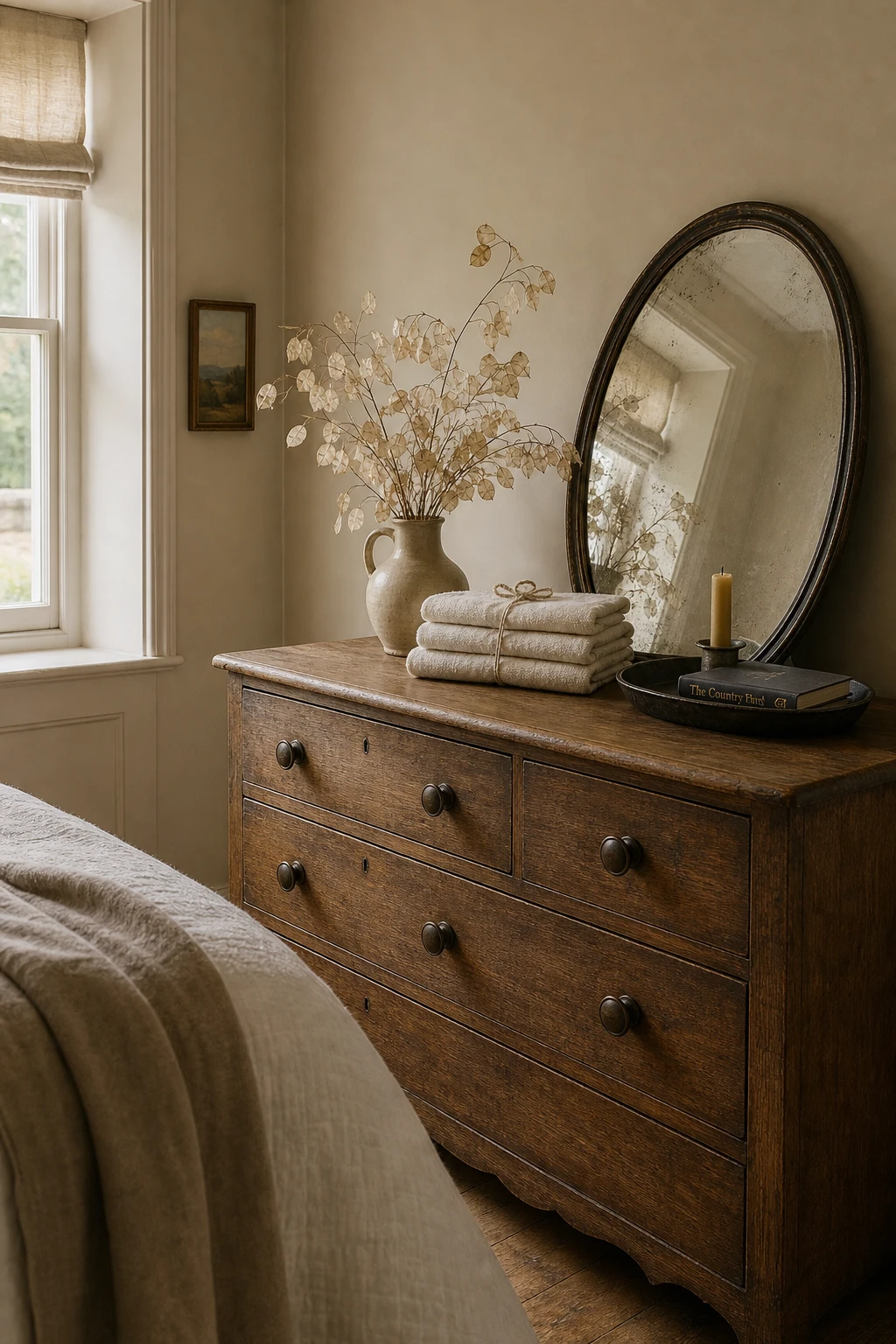 English country guest bedroom with a wooden dresser styled with a mirror, ceramic jug, folded linens and dried botanicals against Farrow and Ball Skimming Stone walls